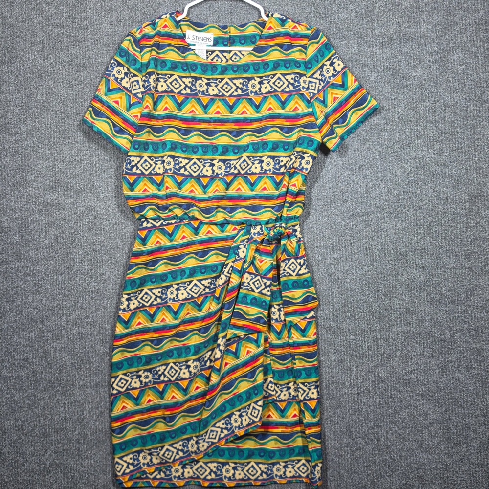 Vintage 90s Midi Skirt Womens 12 Geometric Wrap Tribal Print Denim J. Stevens